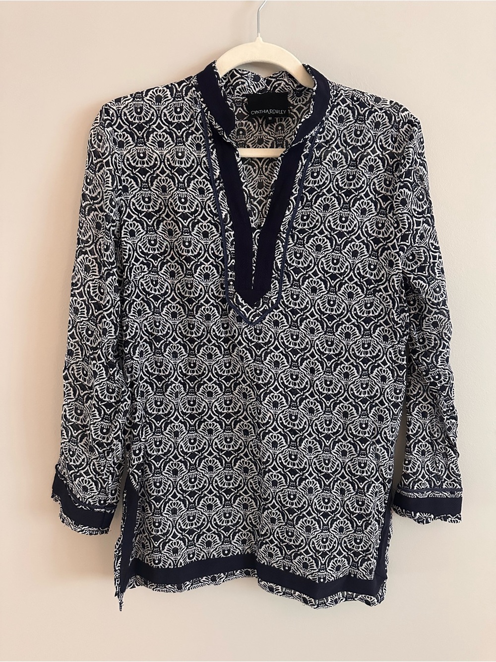 Cynthia Rowley 100% Cotton Navy Printed Tunic Blouse Swim Cover Up Top Medium